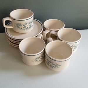 Vintage Stoneware Daisy Floral Coffee Cup and Saucer Set Blue White 10pc Set